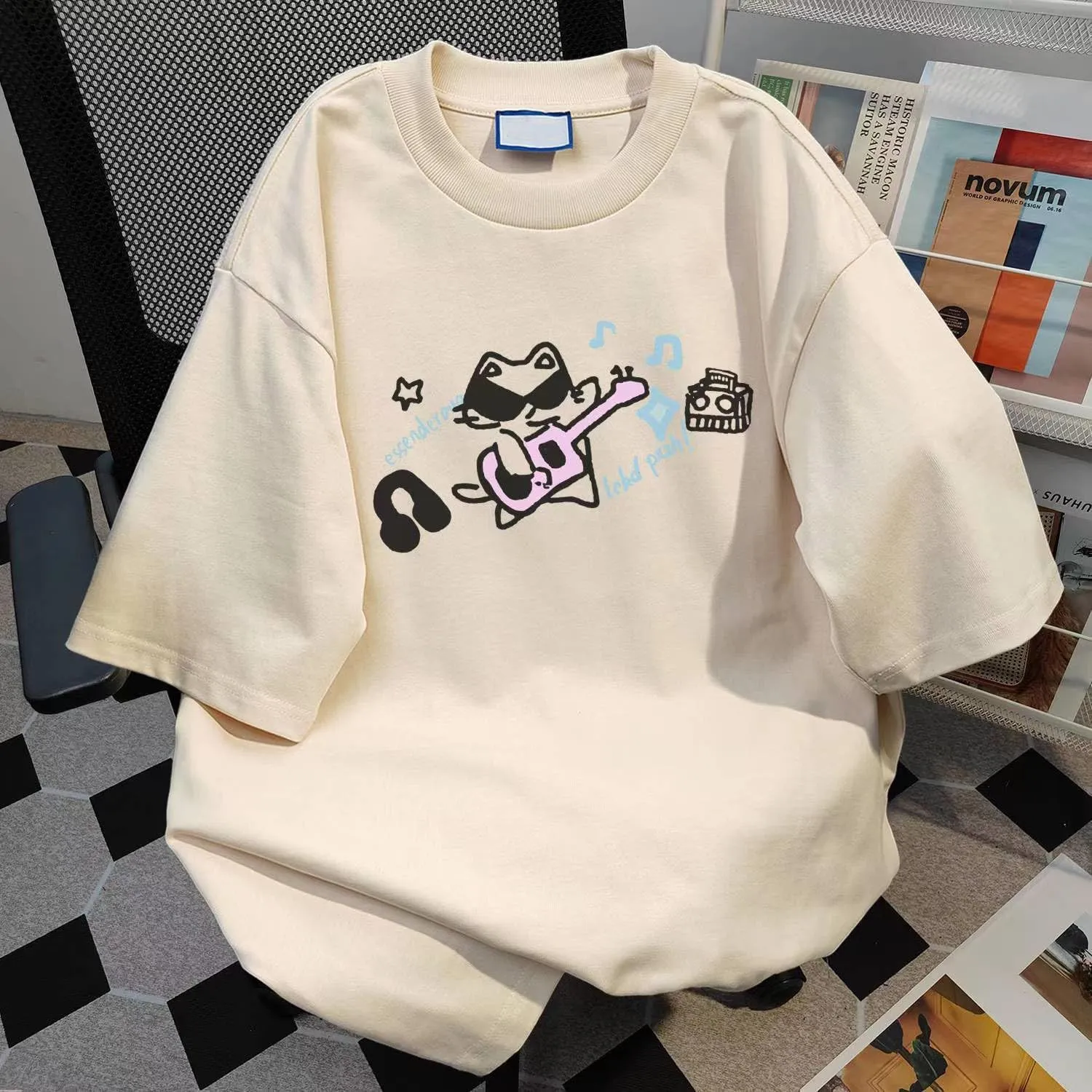 Women Oversized T Shirts Kawaii Cat Graphic Tees Summer Crewneck Cotton Short Sleeve Y2K Downtown Girls Clothes