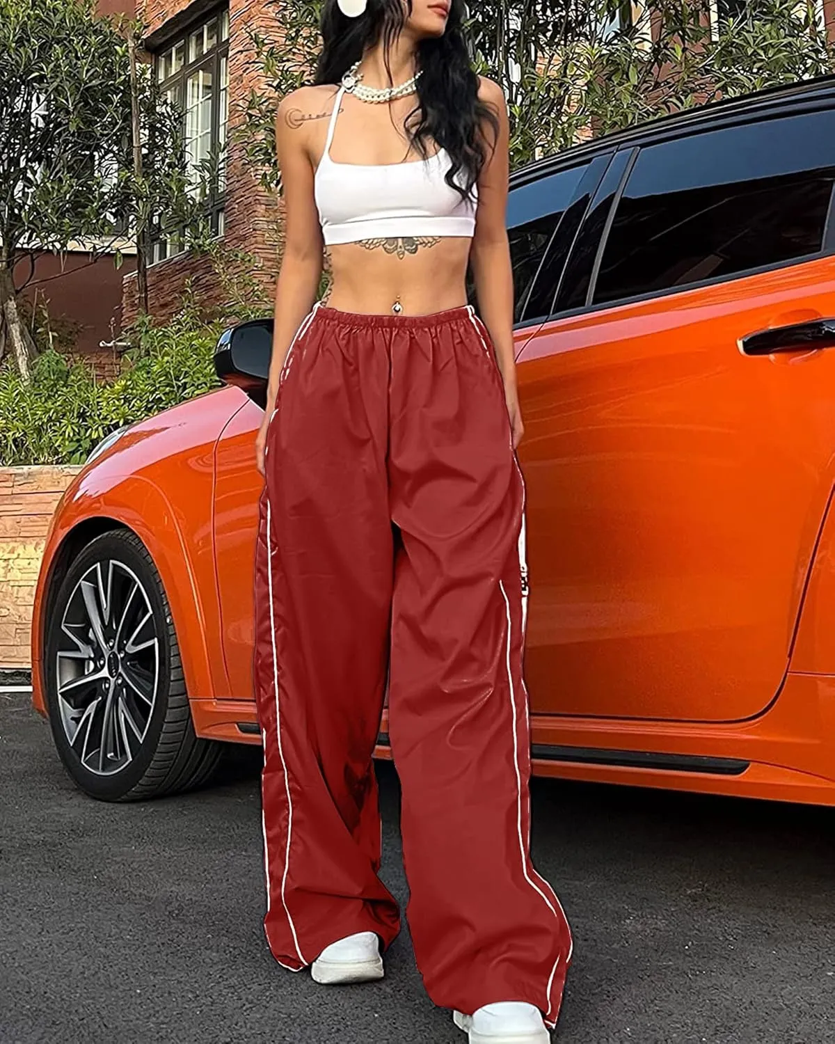 Women Y2K Baggy Track Pants Elastic Waist Wide Leg Parachute Jogger Sweatpants