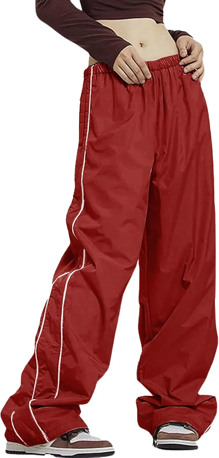 Women Y2K Baggy Track Pants Elastic Waist Wide Leg Parachute Jogger Sweatpants