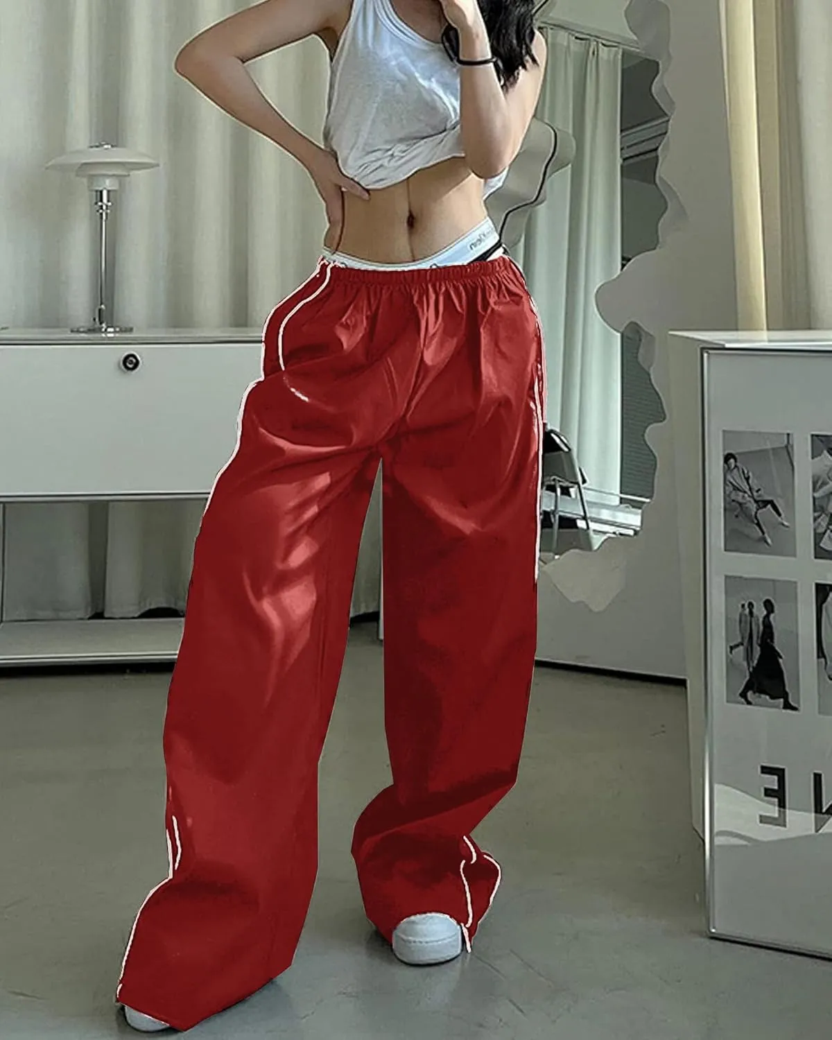 Women Y2K Baggy Track Pants Elastic Waist Wide Leg Parachute Jogger Sweatpants
