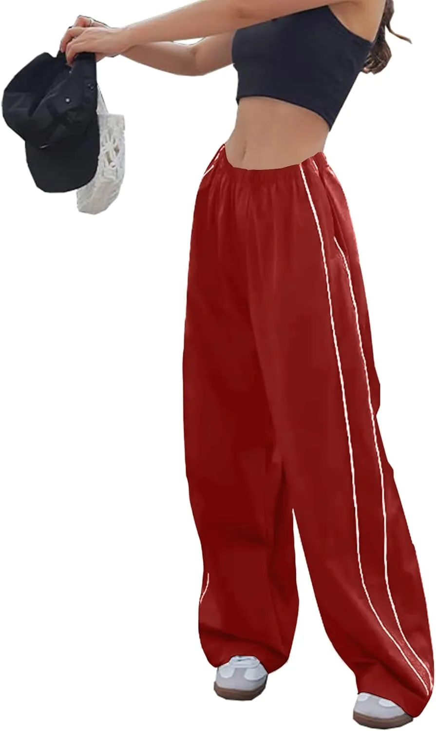 Women Y2K Baggy Track Pants Elastic Waist Wide Leg Parachute Jogger Sweatpants