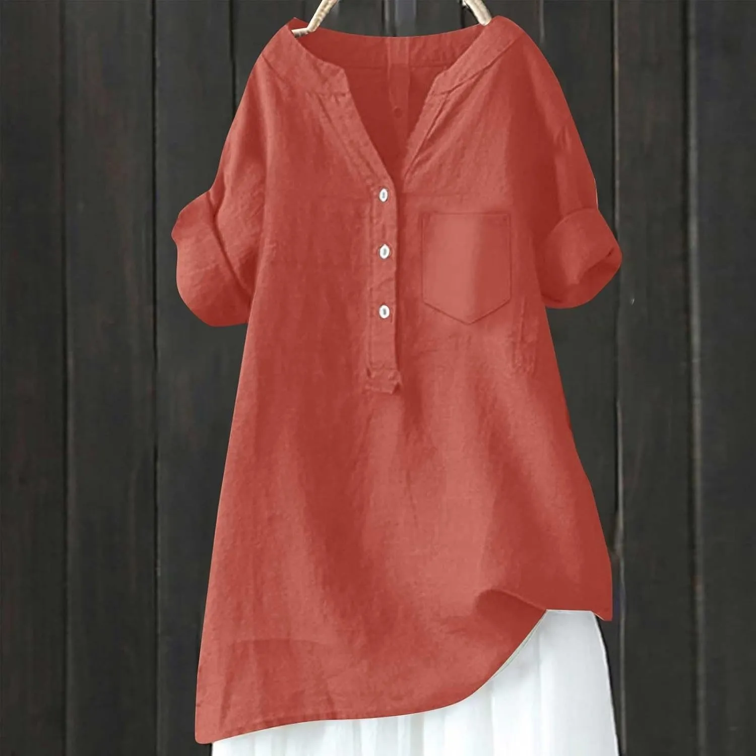 Womens 3/4 Sleeve Cotton Linen Shirts Summer Fashion Solid V Neck Button Down Blouses Work Home Daily Casual Top Tees