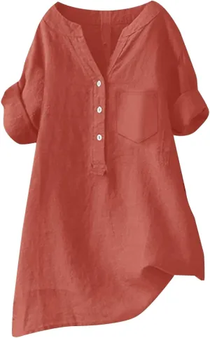 Womens 3/4 Sleeve Cotton Linen Shirts Summer Fashion Solid V Neck Button Down Blouses Work Home Daily Casual Top Tees