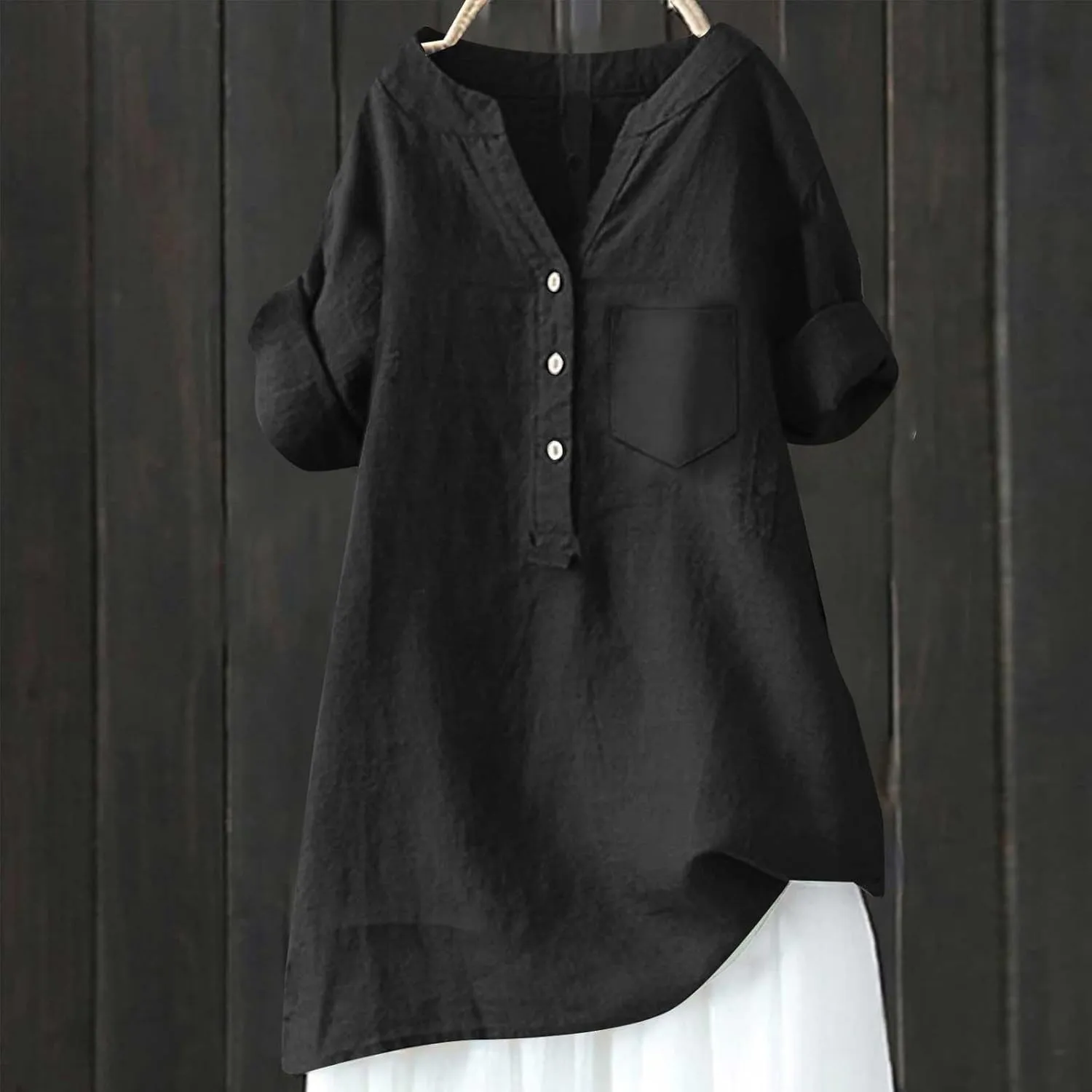 Womens 3/4 Sleeve Cotton Linen Shirts Summer Fashion Solid V Neck Button Down Blouses Work Home Daily Casual Top Tees