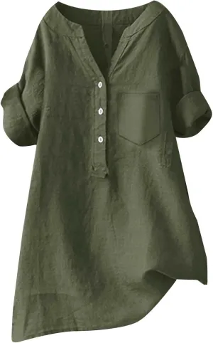 Womens 3/4 Sleeve Cotton Linen Shirts Summer Fashion Solid V Neck Button Down Blouses Work Home Daily Casual Top Tees