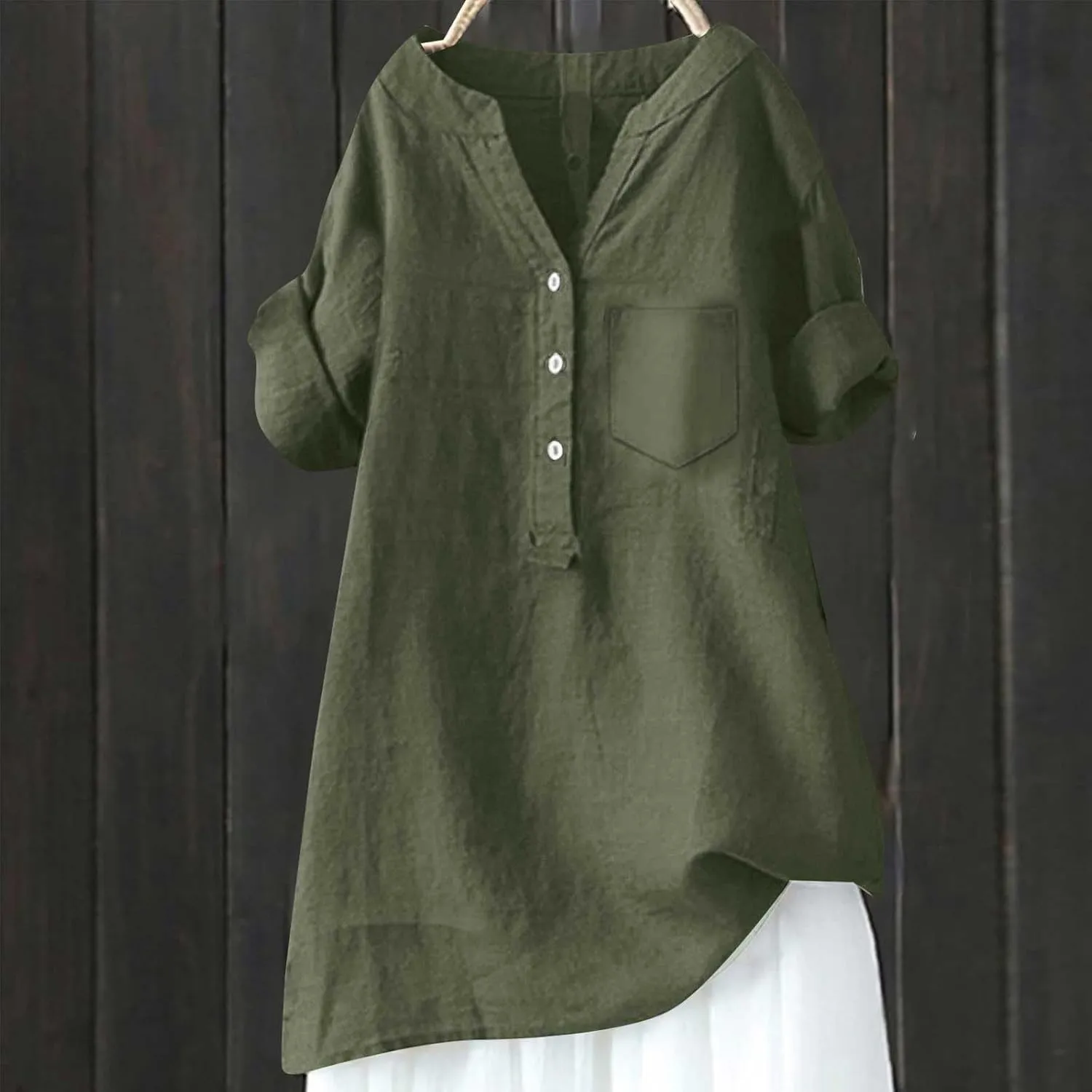 Womens 3/4 Sleeve Cotton Linen Shirts Summer Fashion Solid V Neck Button Down Blouses Work Home Daily Casual Top Tees