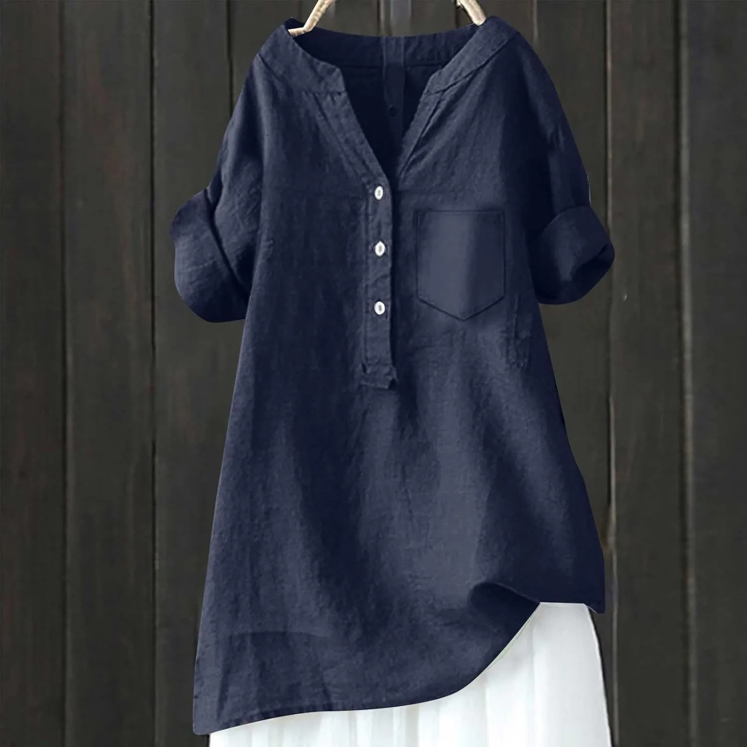 Womens 3/4 Sleeve Cotton Linen Shirts Summer Fashion Solid V Neck Button Down Blouses Work Home Daily Casual Top Tees