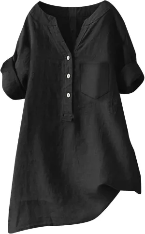 Womens 3/4 Sleeve Cotton Linen Shirts Summer Fashion Solid V Neck Button Down Blouses Work Home Daily Casual Top Tees