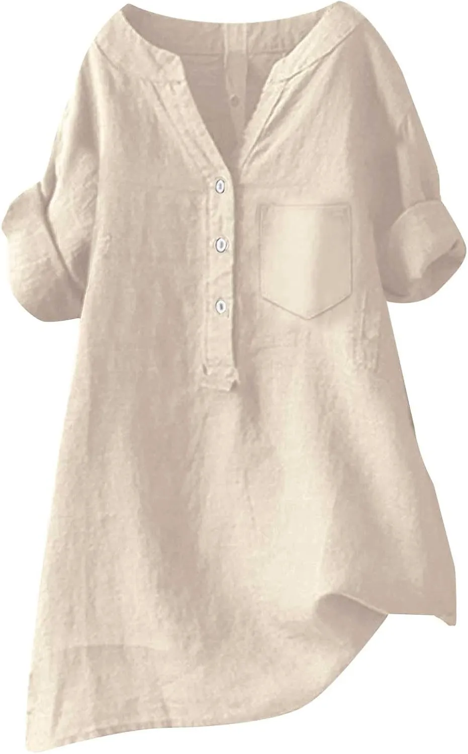 Womens 3/4 Sleeve Cotton Linen Shirts Summer Fashion Solid V Neck Button Down Blouses Work Home Daily Casual Top Tees