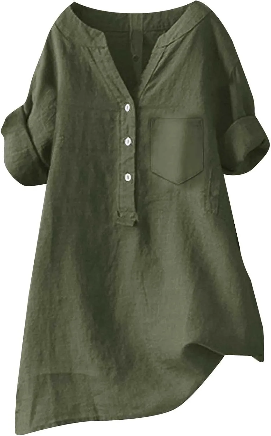 Womens 3/4 Sleeve Cotton Linen Shirts Summer Fashion Solid V Neck Button Down Blouses Work Home Daily Casual Top Tees