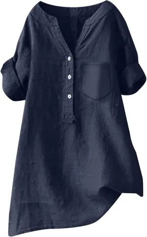 Womens 3/4 Sleeve Cotton Linen Shirts Summer Fashion Solid V Neck Button Down Blouses Work Home Daily Casual Top Tees