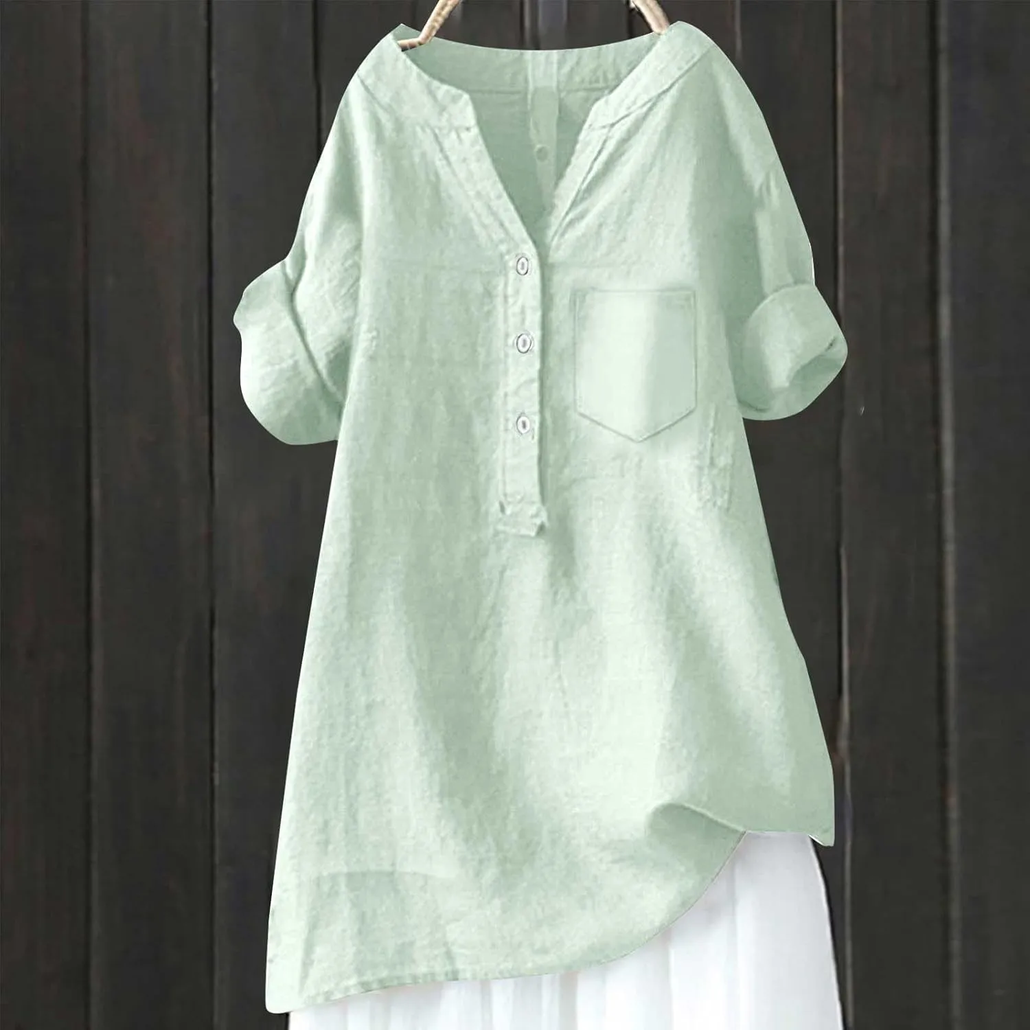 Womens 3/4 Sleeve Cotton Linen Shirts Summer Fashion Solid V Neck Button Down Blouses Work Home Daily Casual Top Tees