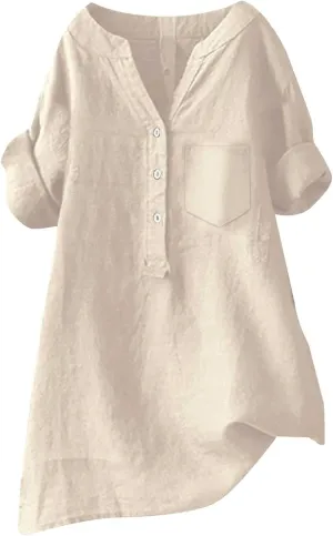 Womens 3/4 Sleeve Cotton Linen Shirts Summer Fashion Solid V Neck Button Down Blouses Work Home Daily Casual Top Tees
