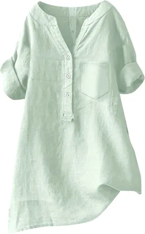 Womens 3/4 Sleeve Cotton Linen Shirts Summer Fashion Solid V Neck Button Down Blouses Work Home Daily Casual Top Tees