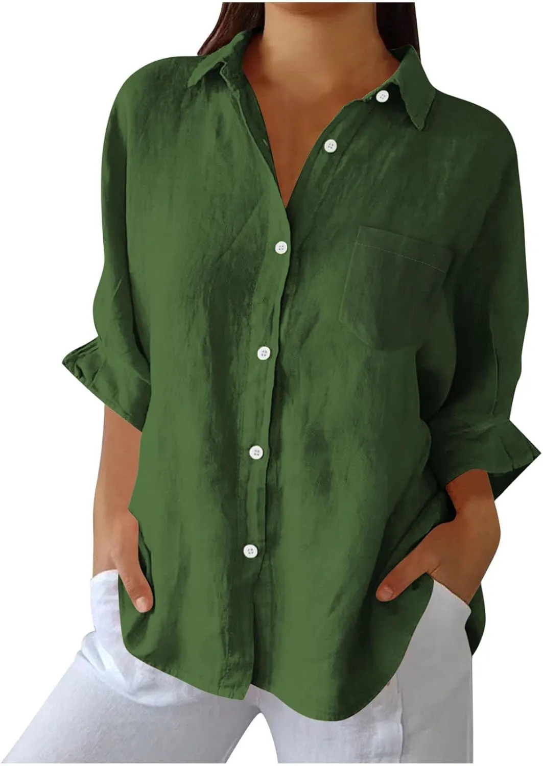 Women's Casual Collared Button-Down Shirt Summer Cotton Linen Tops Loose-Fit Home Long Sleeve Blouses with Pocket