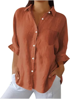 Women's Casual Collared Button-Down Shirt Summer Cotton Linen Tops Loose-Fit Home Long Sleeve Blouses with Pocket