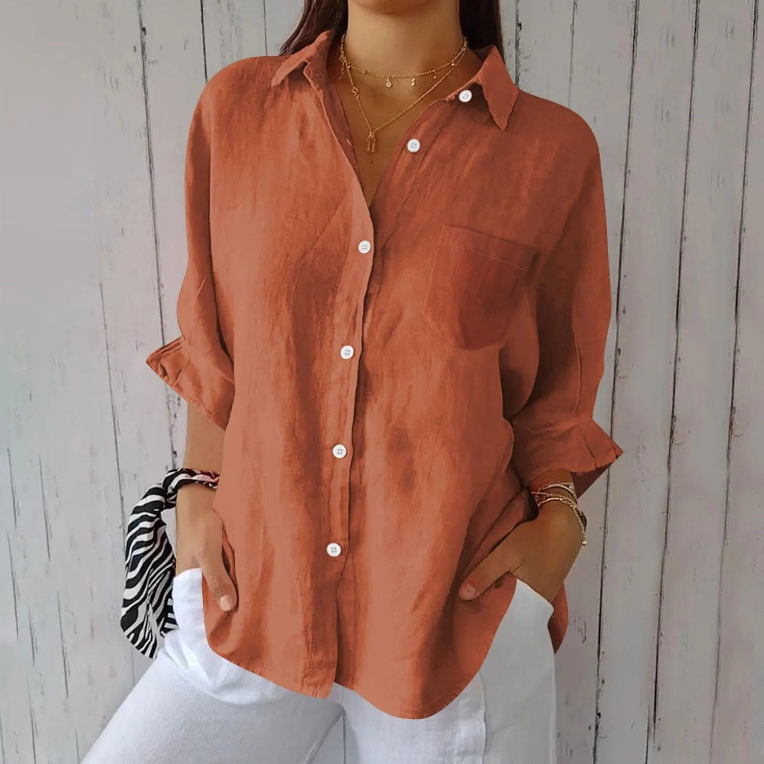 Women's Casual Collared Button-Down Shirt Summer Cotton Linen Tops Loose-Fit Home Long Sleeve Blouses with Pocket