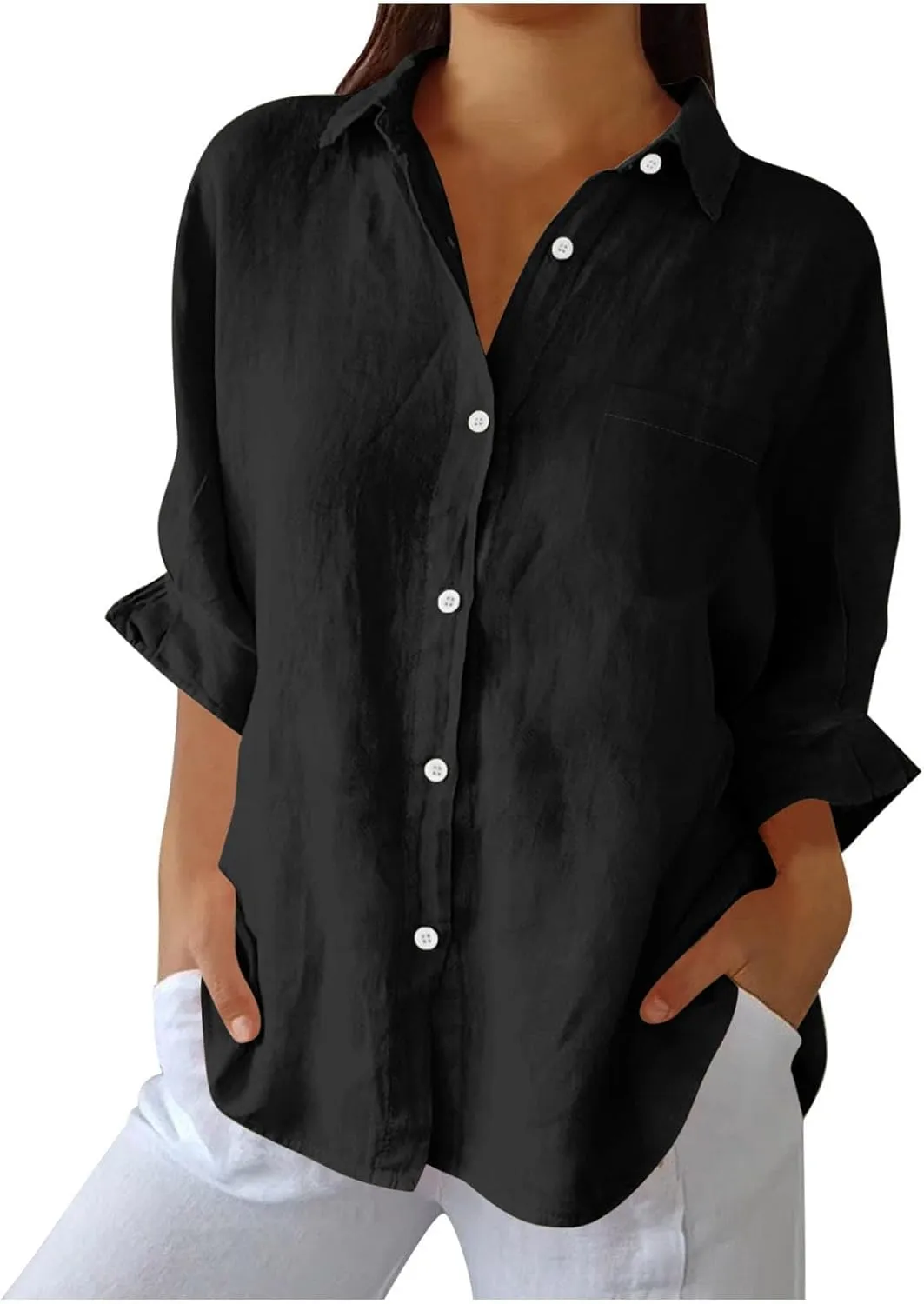 Women's Casual Collared Button-Down Shirt Summer Cotton Linen Tops Loose-Fit Home Long Sleeve Blouses with Pocket