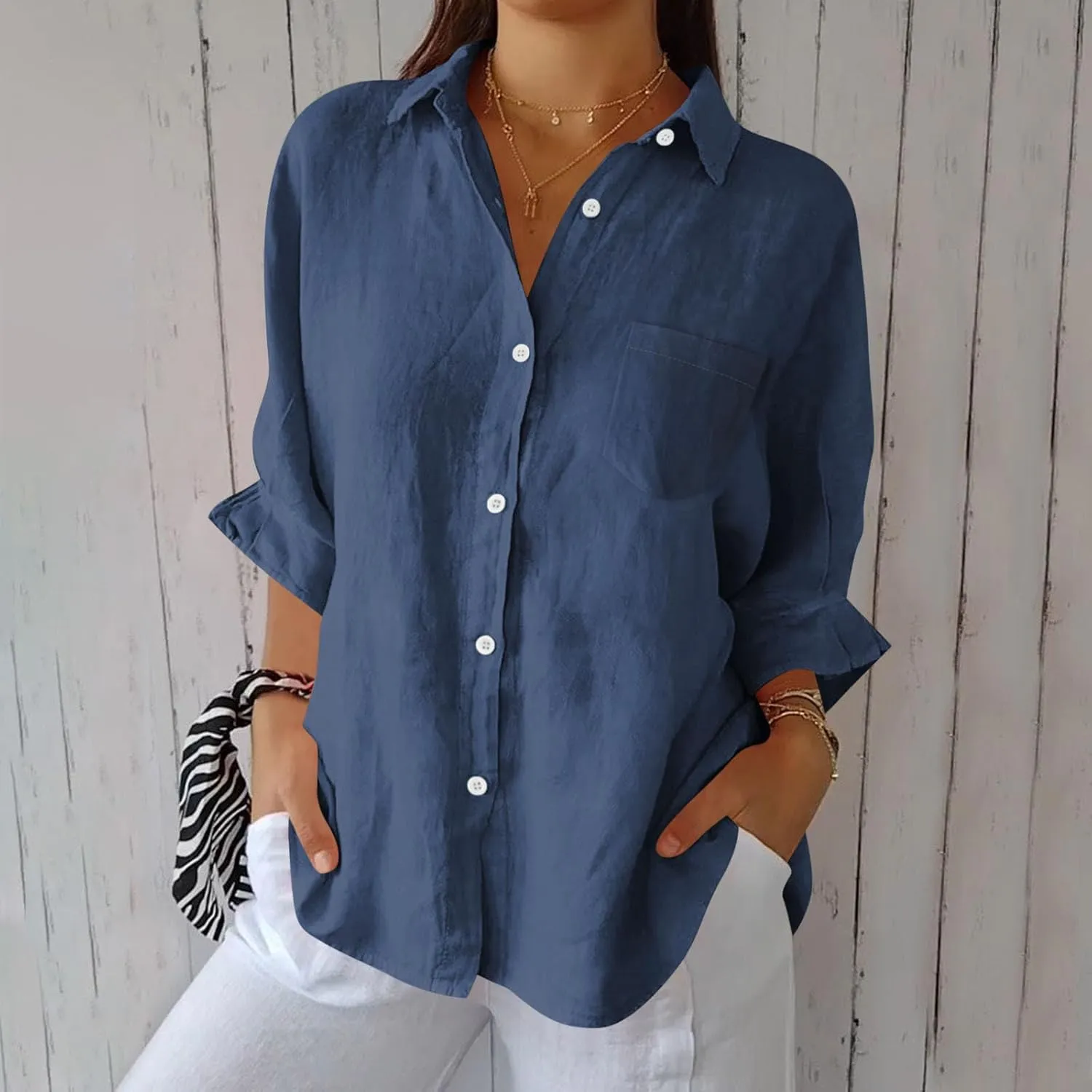 Women's Casual Collared Button-Down Shirt Summer Cotton Linen Tops Loose-Fit Home Long Sleeve Blouses with Pocket