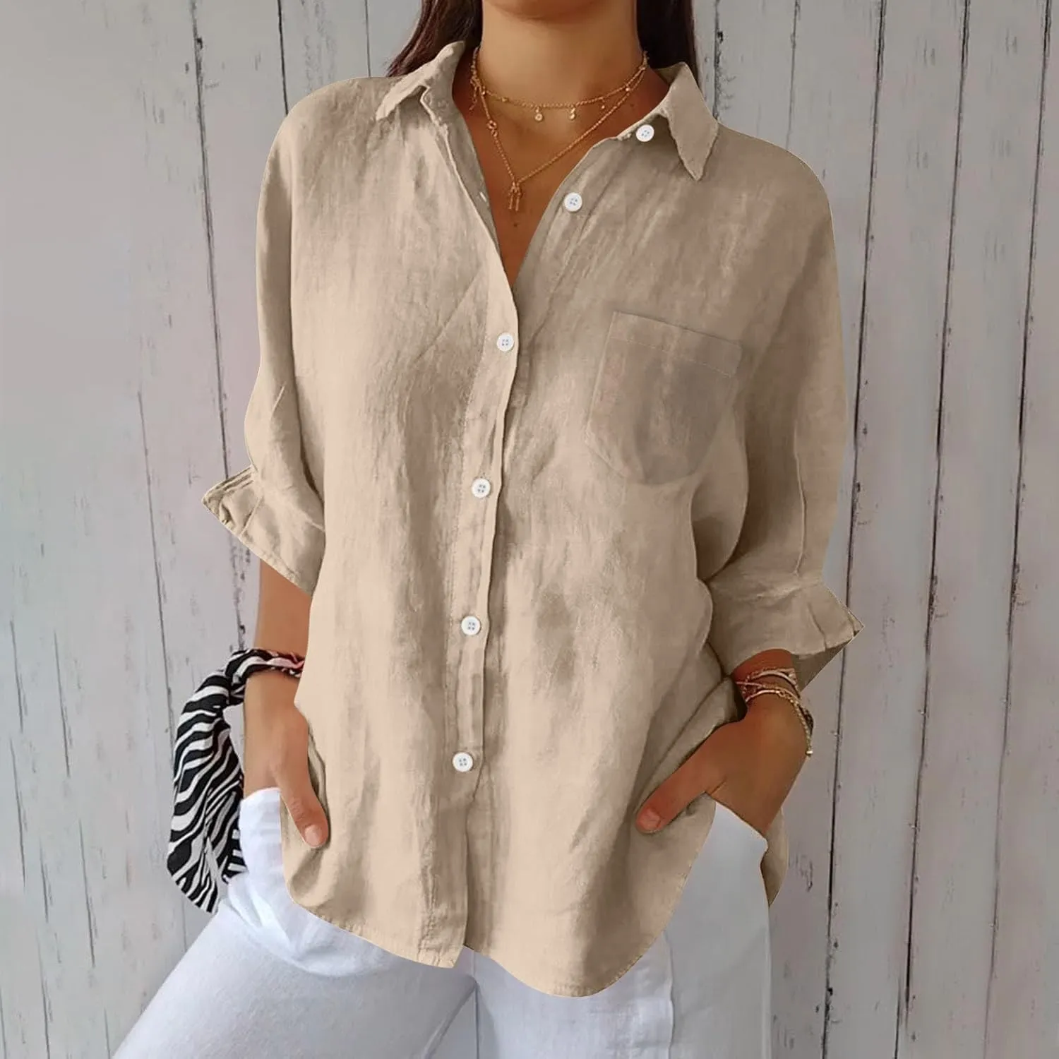 Women's Casual Collared Button-Down Shirt Summer Cotton Linen Tops Loose-Fit Home Long Sleeve Blouses with Pocket