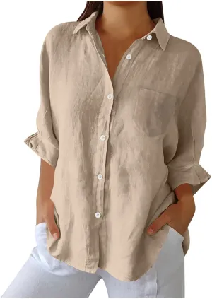 Women's Casual Collared Button-Down Shirt Summer Cotton Linen Tops Loose-Fit Home Long Sleeve Blouses with Pocket