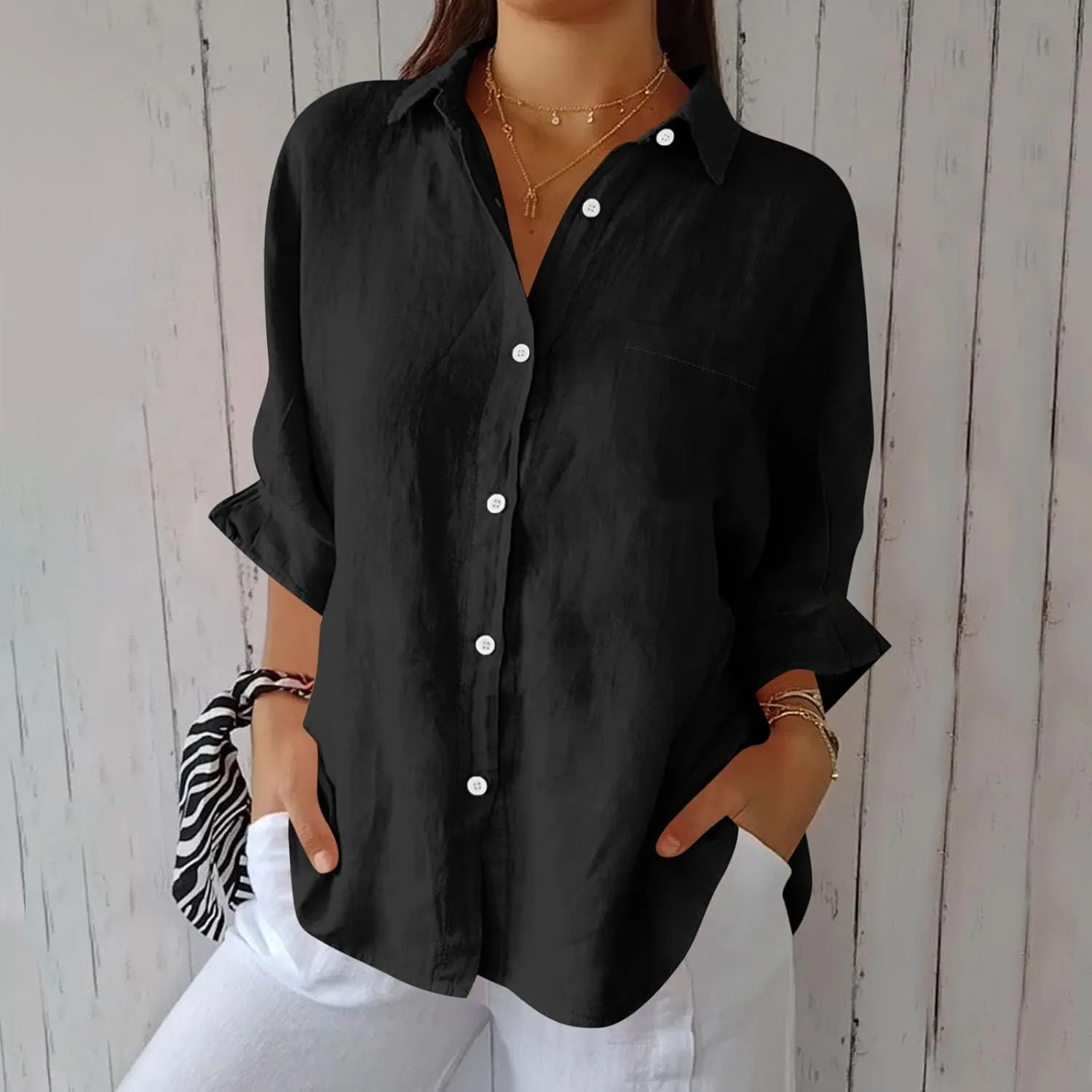 Women's Casual Collared Button-Down Shirt Summer Cotton Linen Tops Loose-Fit Home Long Sleeve Blouses with Pocket