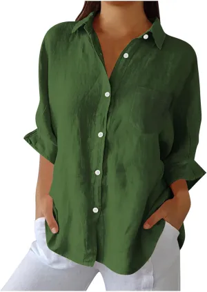 Women's Casual Collared Button-Down Shirt Summer Cotton Linen Tops Loose-Fit Home Long Sleeve Blouses with Pocket