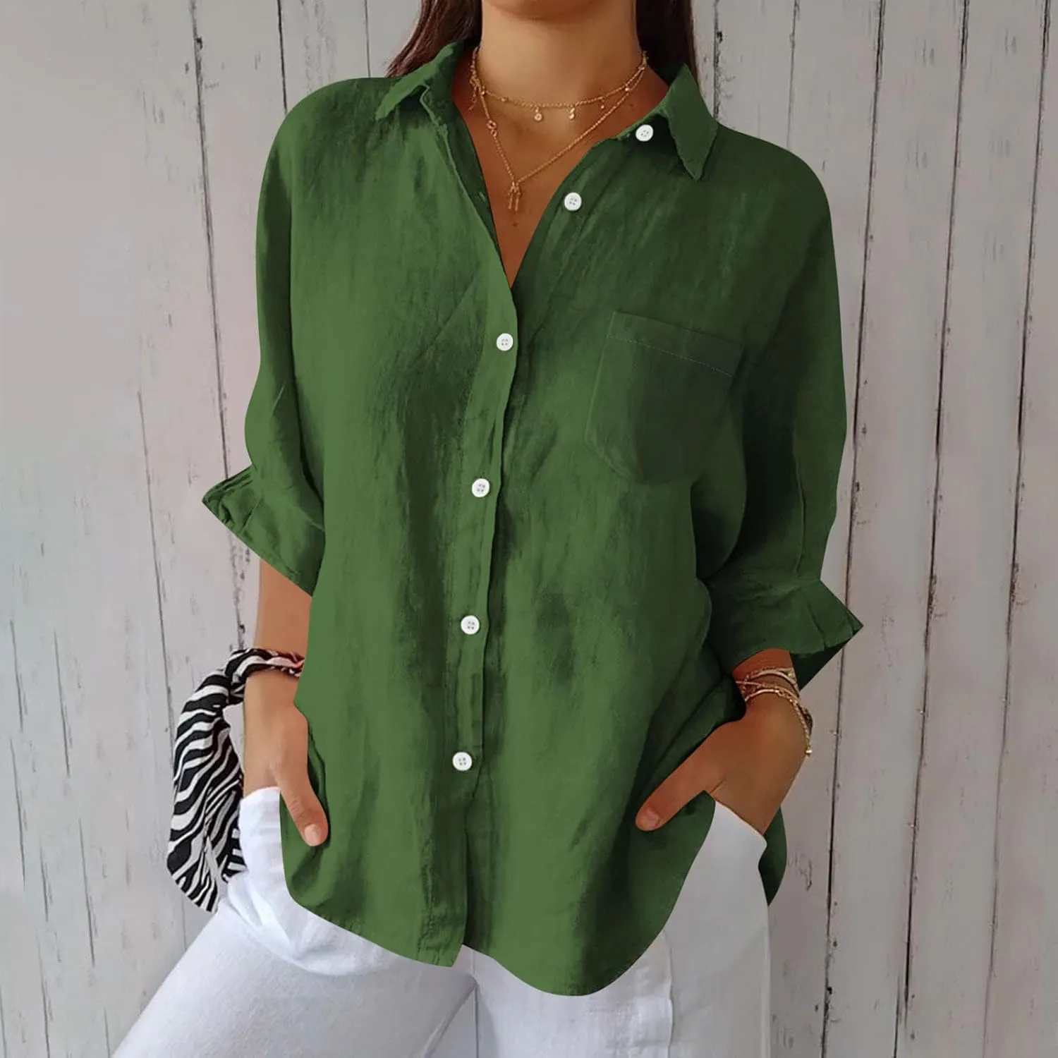 Women's Casual Collared Button-Down Shirt Summer Cotton Linen Tops Loose-Fit Home Long Sleeve Blouses with Pocket