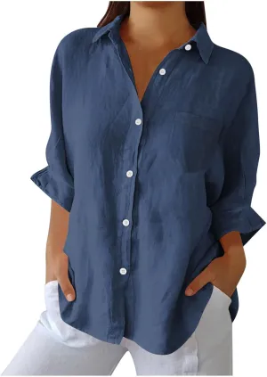 Women's Casual Collared Button-Down Shirt Summer Cotton Linen Tops Loose-Fit Home Long Sleeve Blouses with Pocket