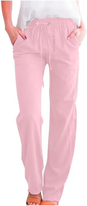 Womens Casual Cotton Linen Pants Lightweight Summer Relax Fit Elastic Waist Plus Size Solid Lounge Long Trousers