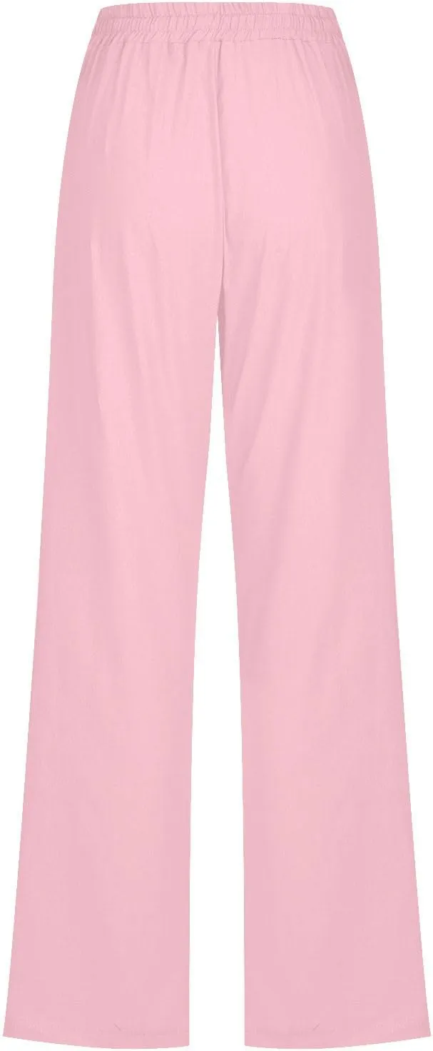 Womens Casual Cotton Linen Pants Lightweight Summer Relax Fit Elastic Waist Plus Size Solid Lounge Long Trousers