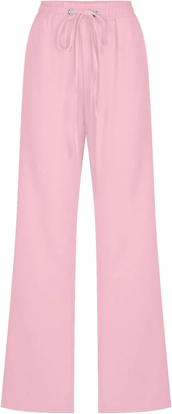 Womens Casual Cotton Linen Pants Lightweight Summer Relax Fit Elastic Waist Plus Size Solid Lounge Long Trousers