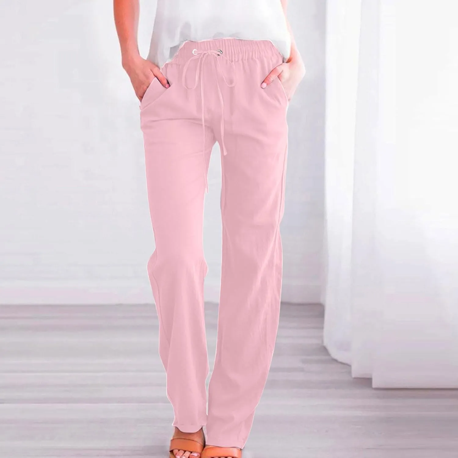 Womens Casual Cotton Linen Pants Lightweight Summer Relax Fit Elastic Waist Plus Size Solid Lounge Long Trousers