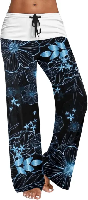 Womens Casual Long Trousers Fashion Floral Printed Straight Pants Elastic Waist Wide Leg Baggy Drawstring Home