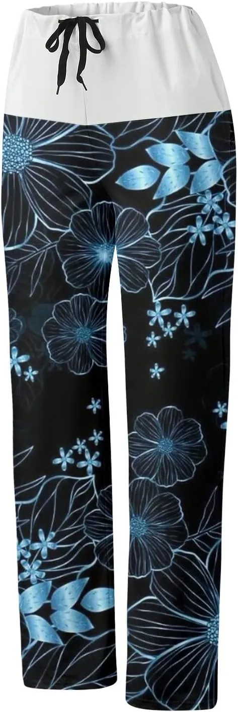 Womens Casual Long Trousers Fashion Floral Printed Straight Pants Elastic Waist Wide Leg Baggy Drawstring Home