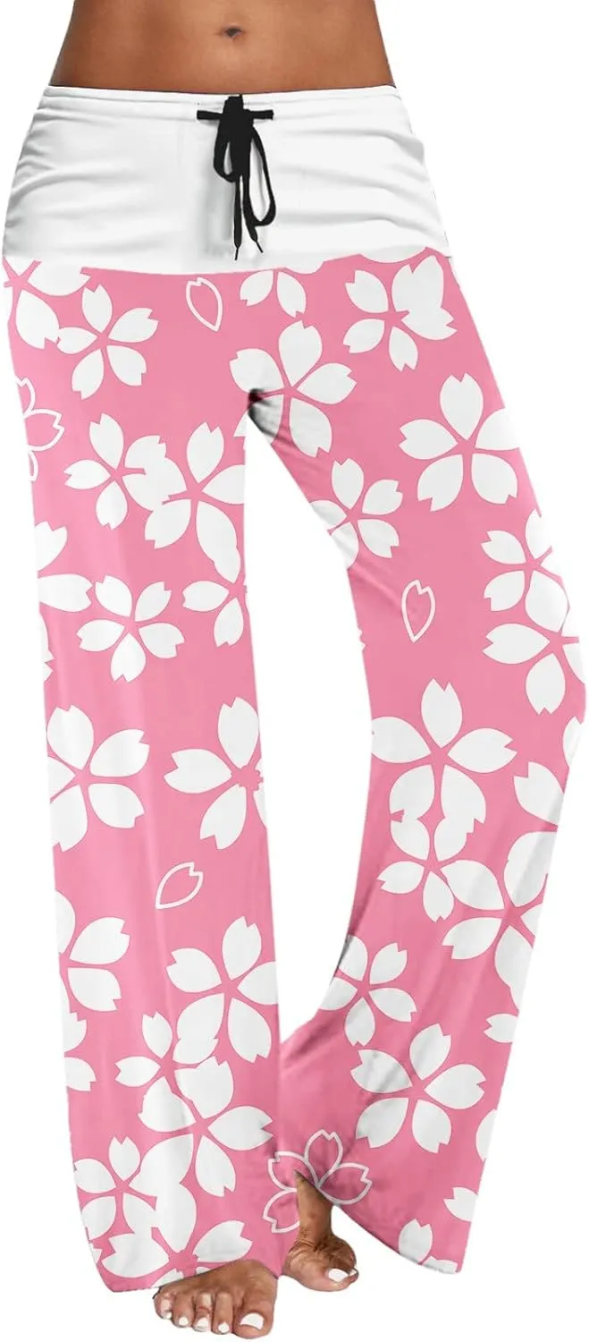 Womens Casual Long Trousers Fashion Floral Printed Straight Pants Elastic Waist Wide Leg Baggy Drawstring Home