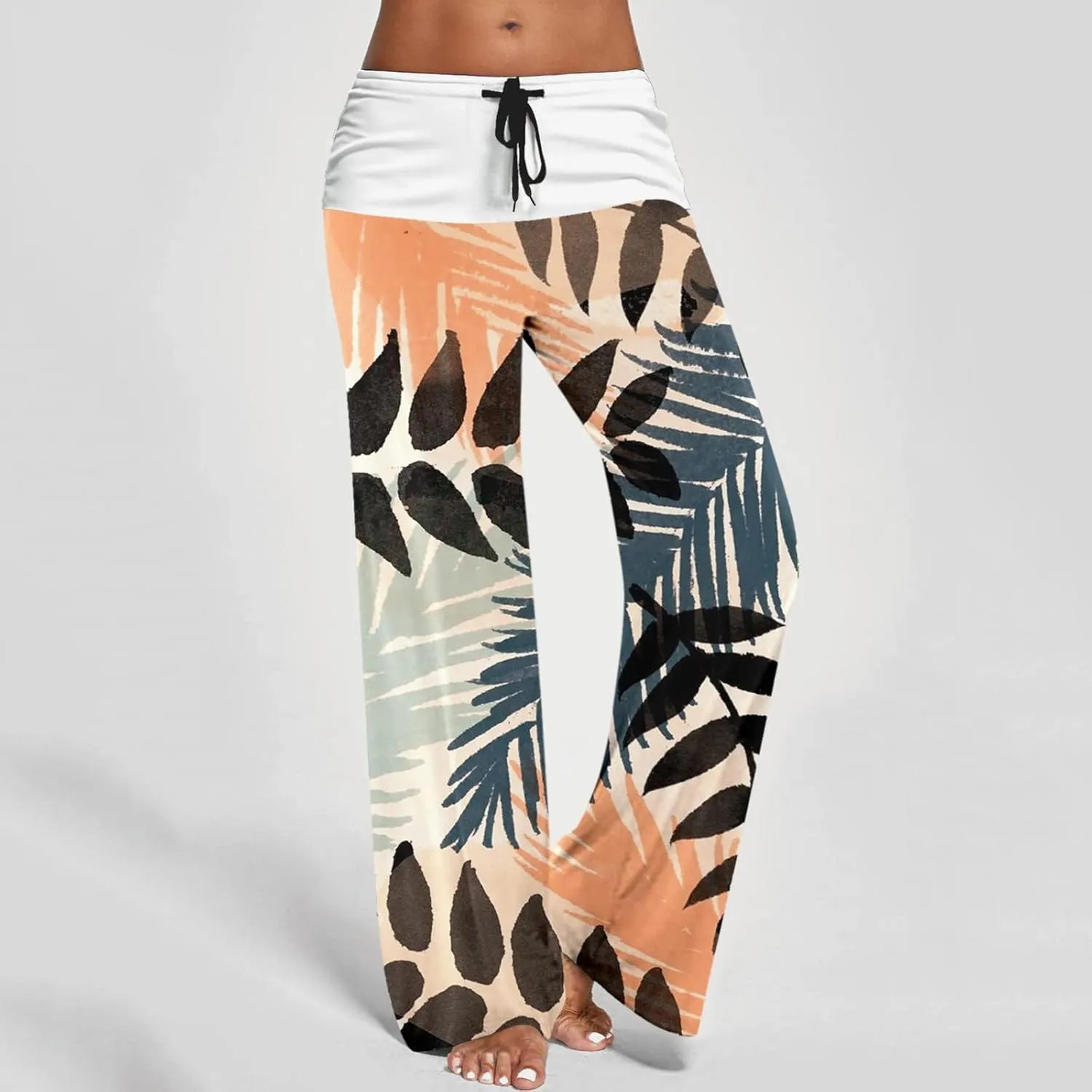 Womens Casual Long Trousers Fashion Floral Printed Straight Pants Elastic Waist Wide Leg Baggy Drawstring Home