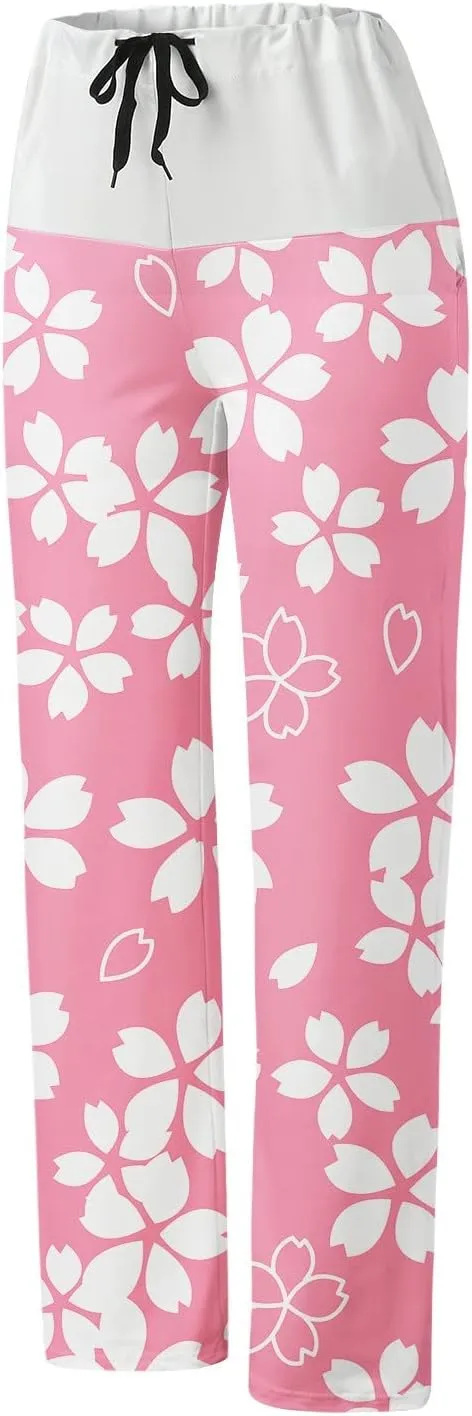 Womens Casual Long Trousers Fashion Floral Printed Straight Pants Elastic Waist Wide Leg Baggy Drawstring Home