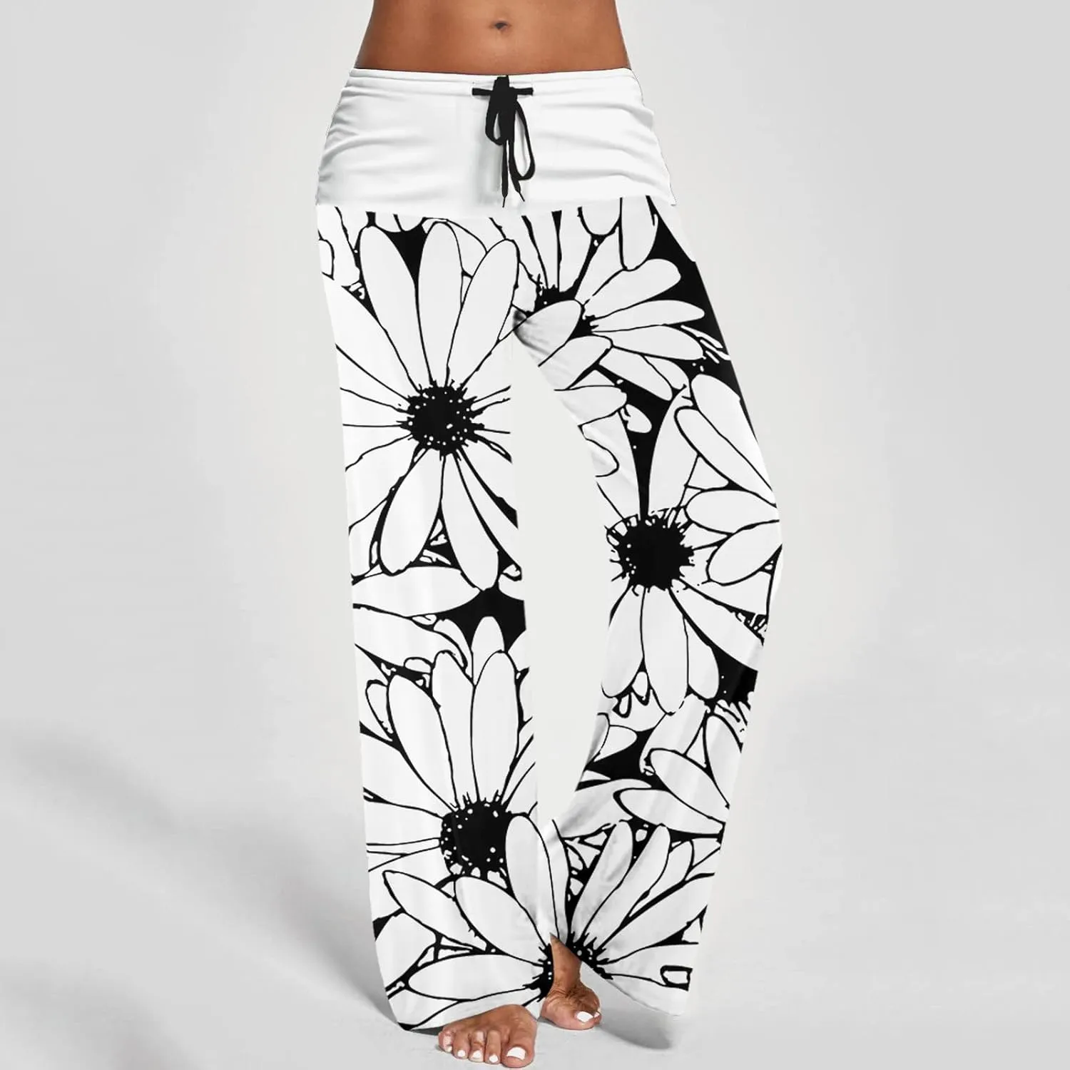 Womens Casual Long Trousers Fashion Floral Printed Straight Pants Elastic Waist Wide Leg Baggy Drawstring Home