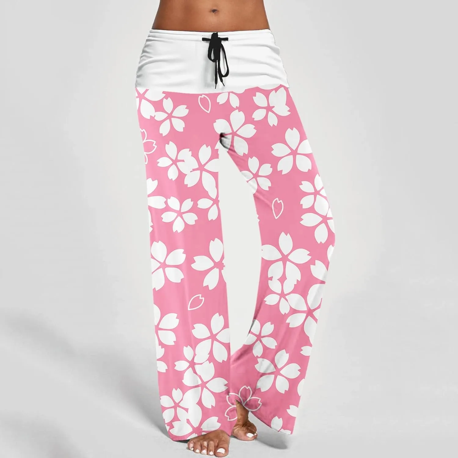 Womens Casual Long Trousers Fashion Floral Printed Straight Pants Elastic Waist Wide Leg Baggy Drawstring Home