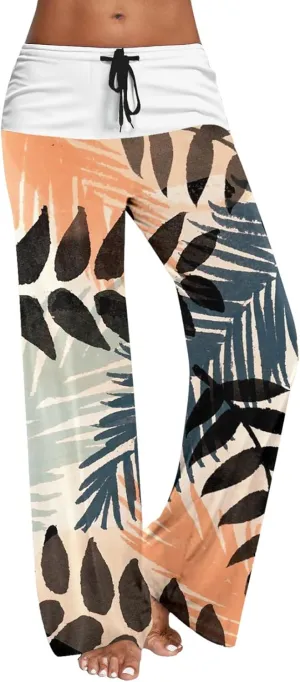 Womens Casual Long Trousers Fashion Floral Printed Straight Pants Elastic Waist Wide Leg Baggy Drawstring Home