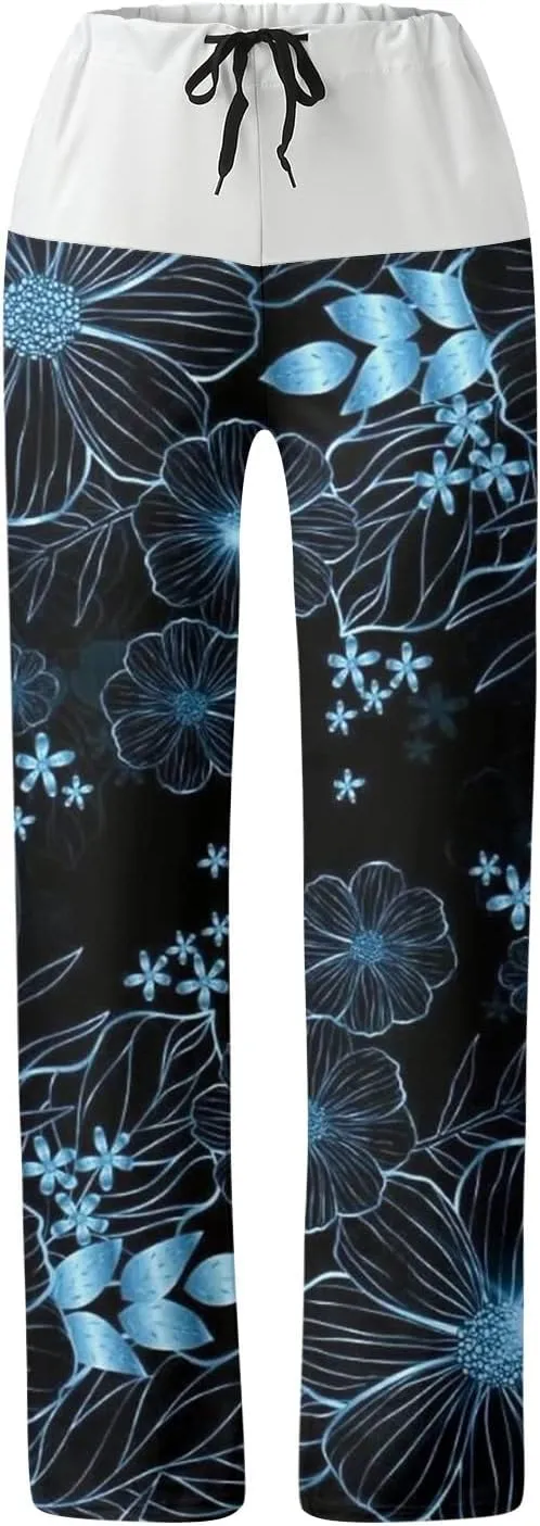Womens Casual Long Trousers Fashion Floral Printed Straight Pants Elastic Waist Wide Leg Baggy Drawstring Home