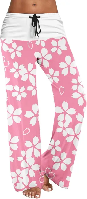 Womens Casual Long Trousers Fashion Floral Printed Straight Pants Elastic Waist Wide Leg Baggy Drawstring Home