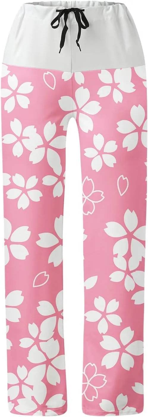 Womens Casual Long Trousers Fashion Floral Printed Straight Pants Elastic Waist Wide Leg Baggy Drawstring Home