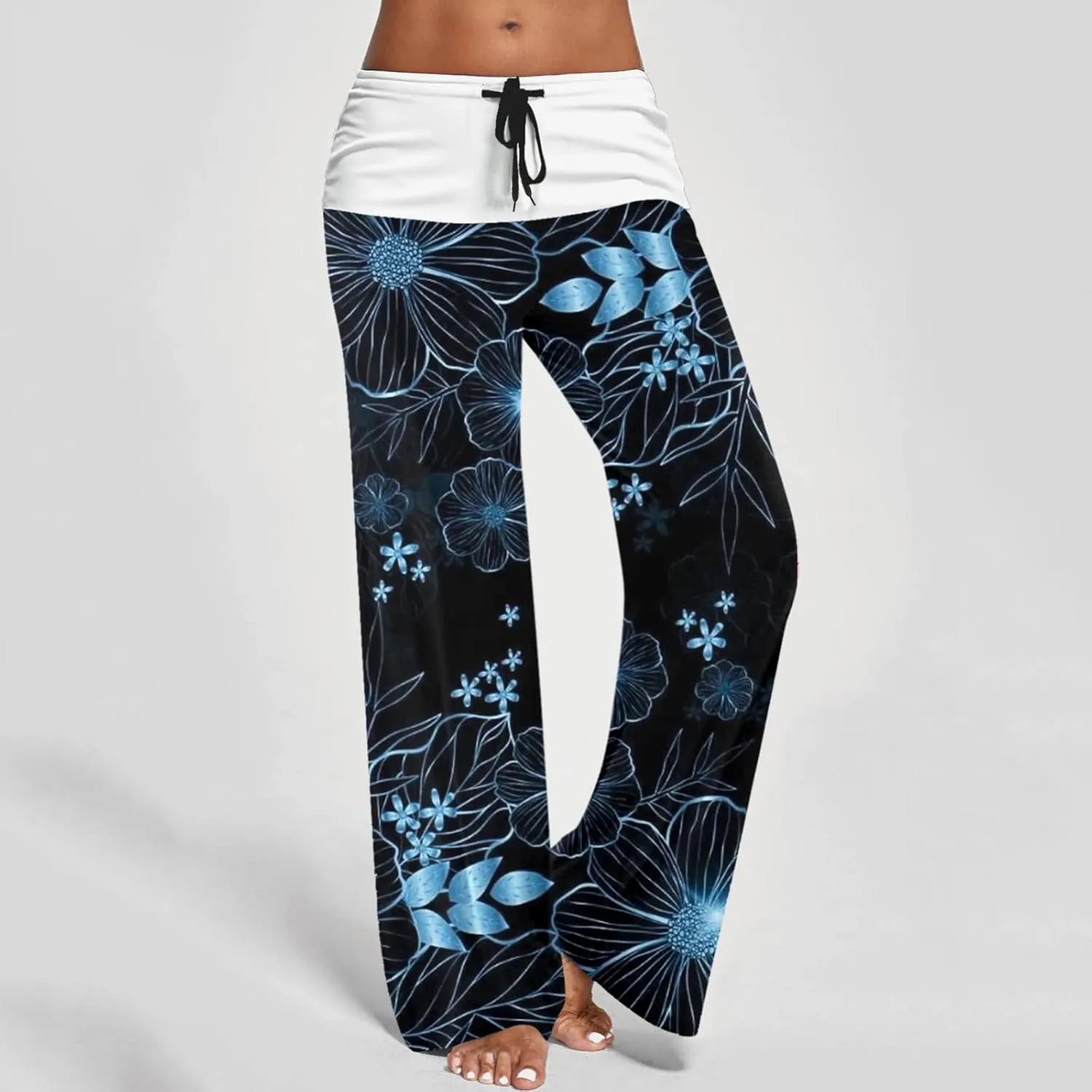 Womens Casual Long Trousers Fashion Floral Printed Straight Pants Elastic Waist Wide Leg Baggy Drawstring Home