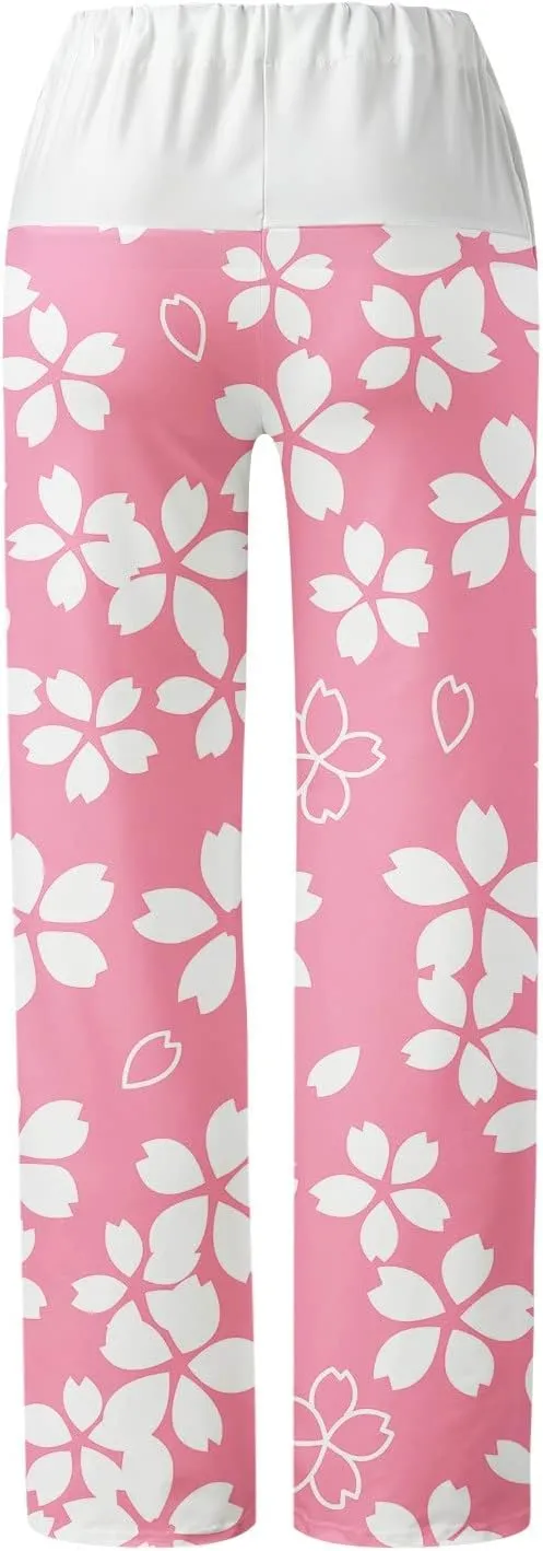 Womens Casual Long Trousers Fashion Floral Printed Straight Pants Elastic Waist Wide Leg Baggy Drawstring Home