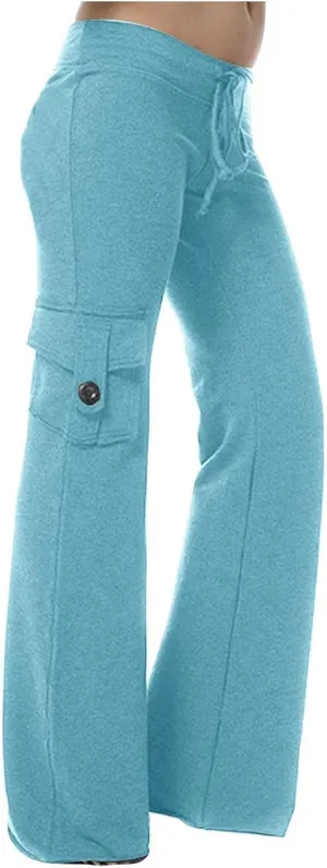 Women's Casual Pants Stretchy Wide Leg Fashion Pants Loose Retro Drawstring Long Straight Trousers with Pockets