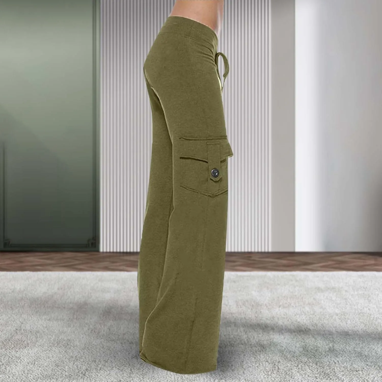 Women's Casual Pants Stretchy Wide Leg Fashion Pants Loose Retro Drawstring Long Straight Trousers with Pockets