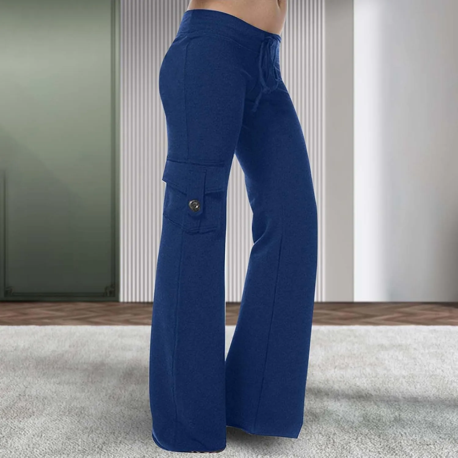 Women's Casual Pants Stretchy Wide Leg Fashion Pants Loose Retro Drawstring Long Straight Trousers with Pockets