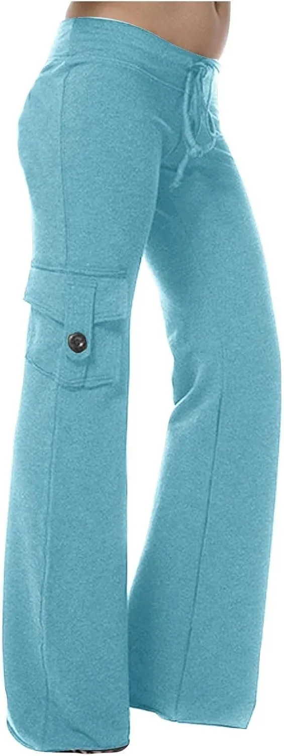 Women's Casual Pants Stretchy Wide Leg Fashion Pants Loose Retro Drawstring Long Straight Trousers with Pockets